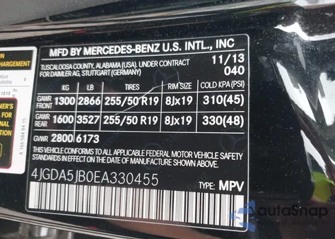 2014 Mercedes-Benz Ml 350 from USA, damaged, VIN 4JGDA5JB0EA330455